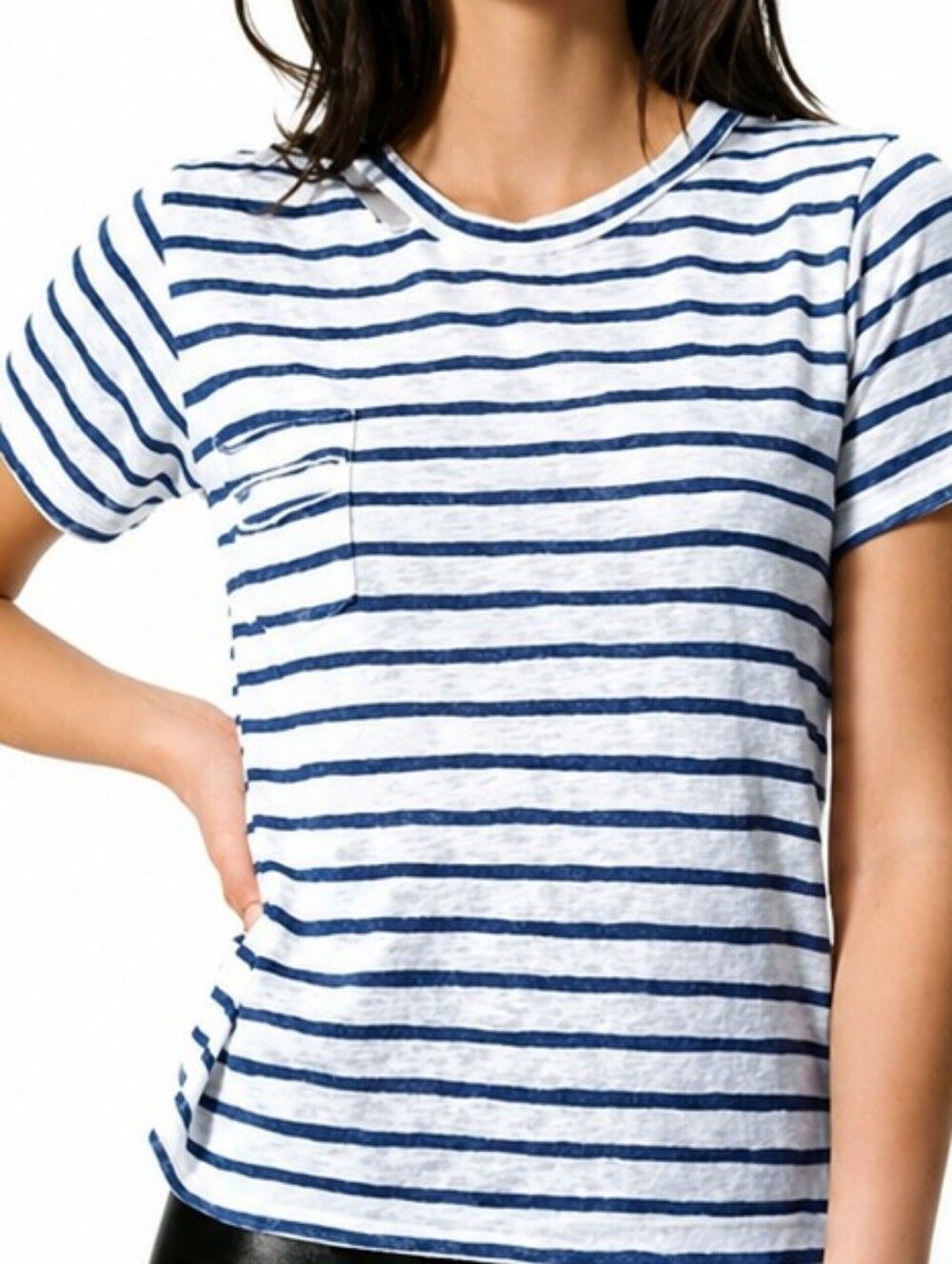 LNA Iles Navy Stripe Distressed Crewneck Short-sleeve Pullover Top